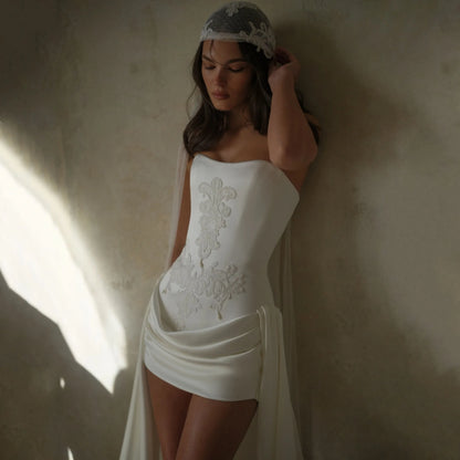 Short Wedding Dress 2026 Pleated Strapless Straight Satin Mini After Party Gown A-Line vestido de novia boda civil Customized
