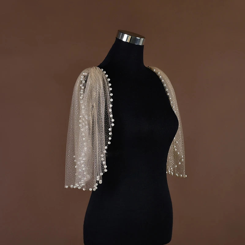 Pearl-Embellished Tulle Bridal Shoulder Cape & Oversleeves