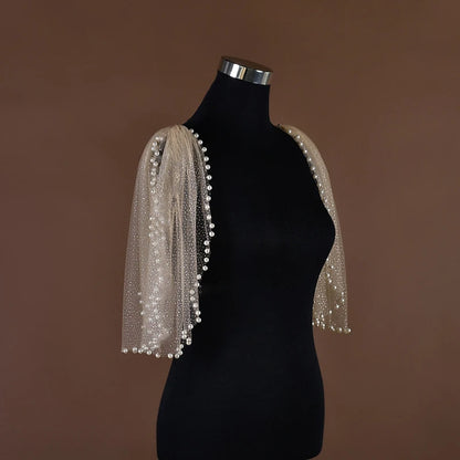 Pearl-Embellished Tulle Bridal Shoulder Cape & Oversleeves