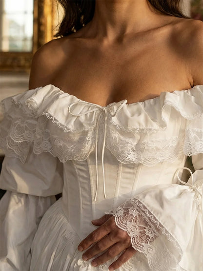 Tokyo White Elegant Satin Off the Shoulder Customized Wedding Party Long Sleeve Lace-Up Back Bridal Gown A-Line Wedding Gown