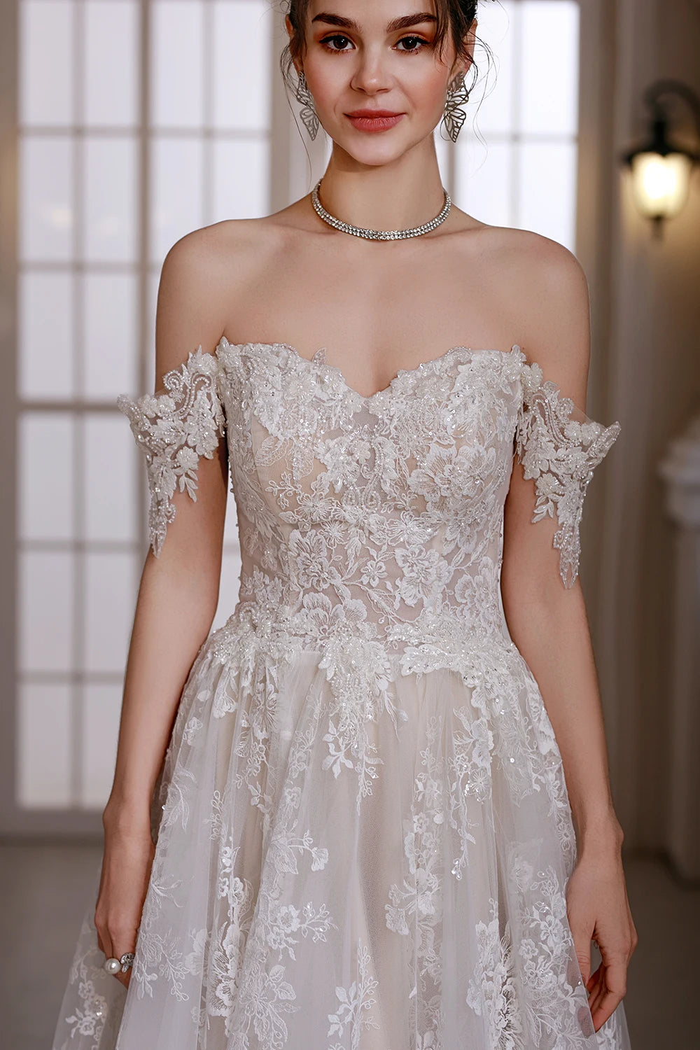 Vintage Off-Shoulder Beaded A-Line Wedding Dress with Court Train