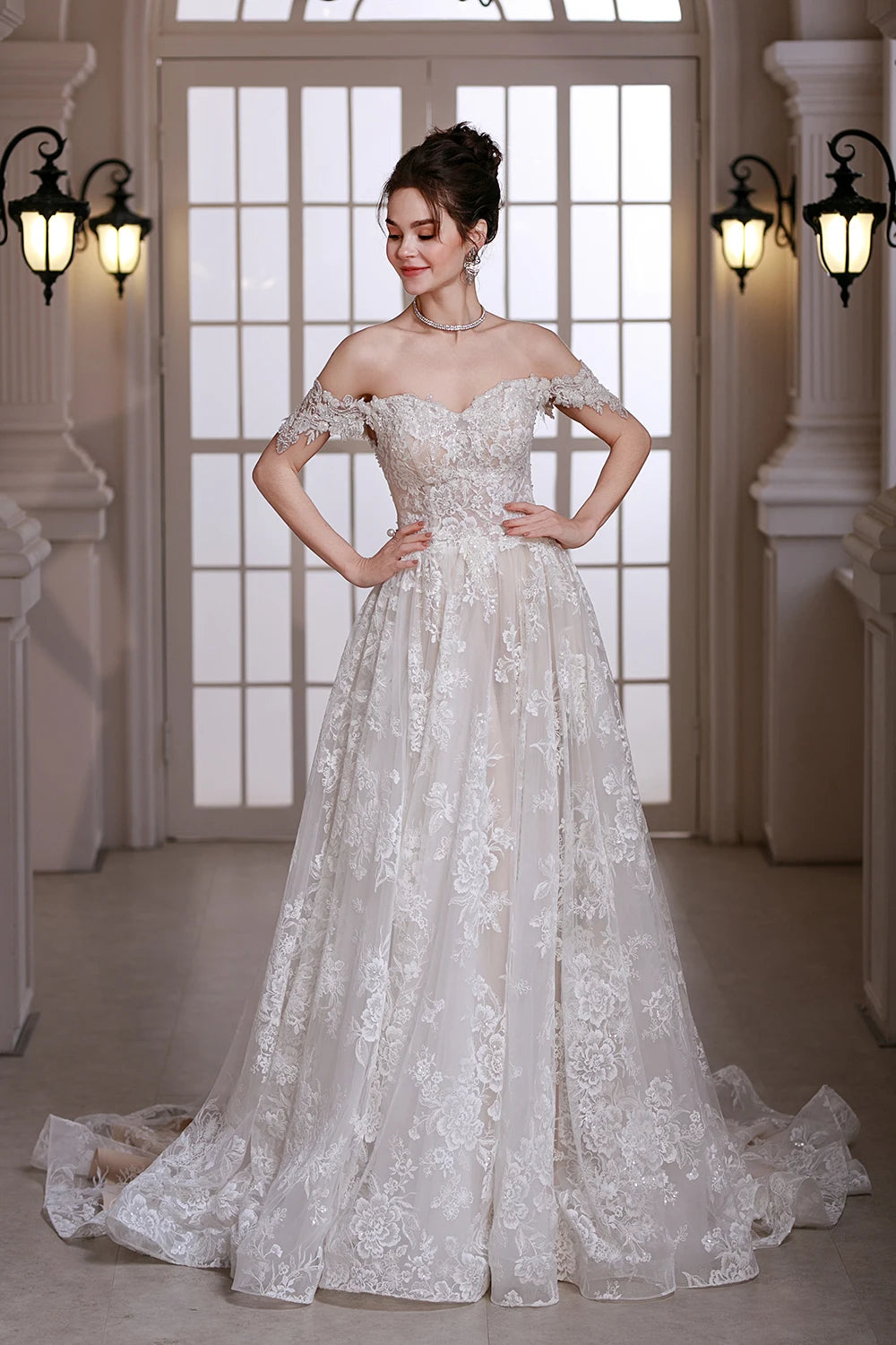 Vintage Off-Shoulder Beaded A-Line Wedding Dress with Court Train
