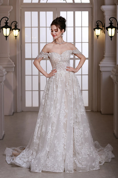 Vintage Off-Shoulder Beaded A-Line Wedding Dress with Court Train