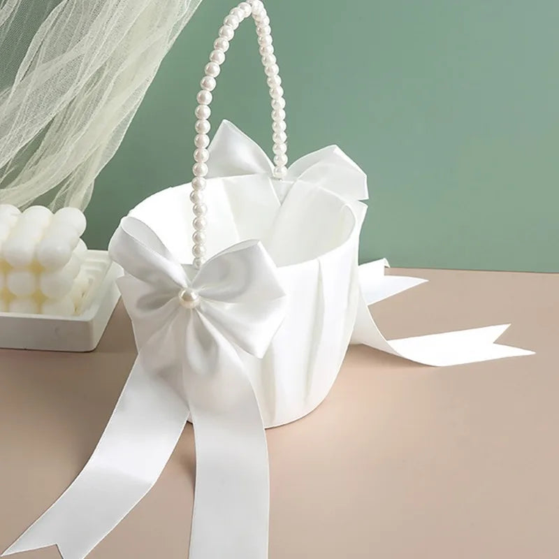 Wedding Ring Bearer Pillow & Flower Girl Basket Set | White Satin Pearl Handle | Bridal Wedding Accessories