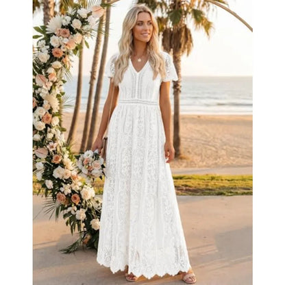 Women's 2026 V Neck Short Sleeve Floral Lace Wedding Dress A Line Boho Bridesmaid Cocktail Party Maxi Dress