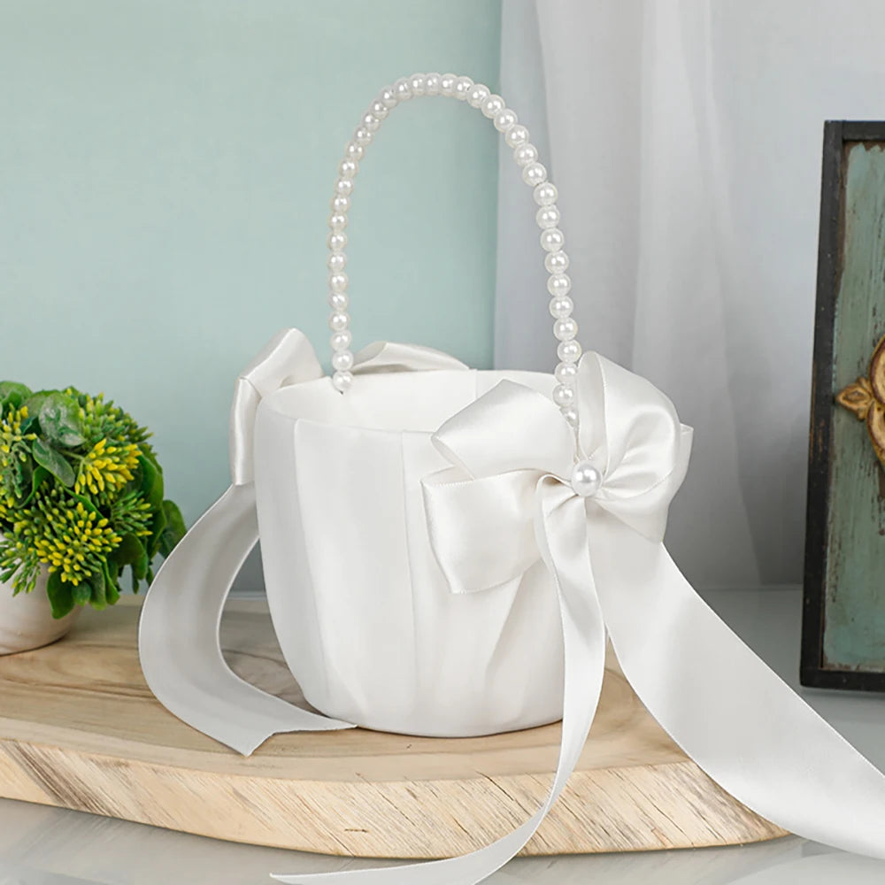 Wedding Ring Bearer Pillow & Flower Girl Basket Set | White Satin Pearl Handle | Bridal Wedding Accessories