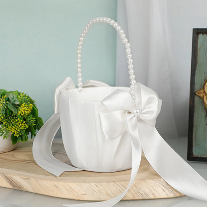 Wedding Ring Bearer Pillow & Flower Girl Basket Set | White Satin Pearl Handle | Bridal Wedding Accessories