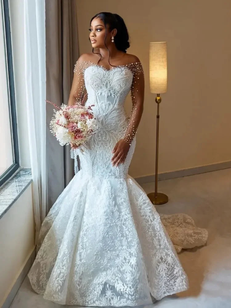 Customized 2026 Women's Mermaid Wedding Dress Bridal Dress Naked Neck Phantom Long Sleeve Beaded Lace Wedding Dress Back Button