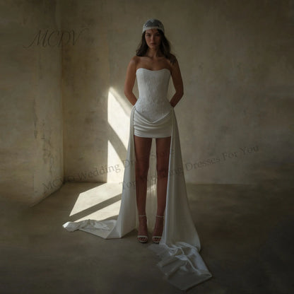 Short Wedding Dress 2026 Pleated Strapless Straight Satin Mini After Party Gown A-Line vestido de novia boda civil Customized