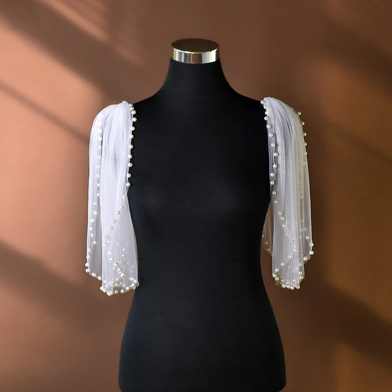 Pearl-Embellished Tulle Bridal Shoulder Cape & Oversleeves