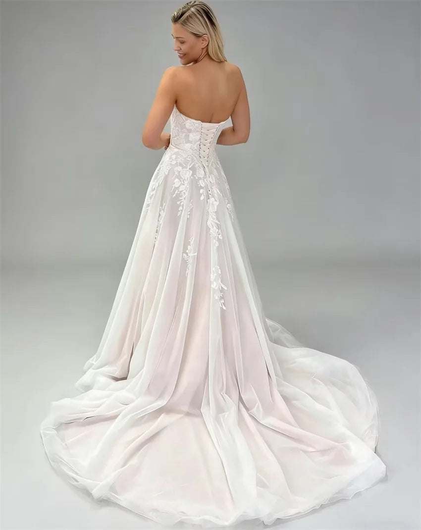 Customized Boho Sweetheart A-line Tulle Wedding Dresses Sleeveless Lace Appliques Bride Dress Long Bridal Gown vestidos de novia