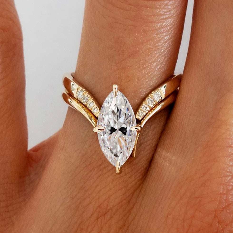 GRA Certified Marquise Cut Moissanite Ring Set | 925 Sterling Silver 18K Gold Plated | D Color VVS1 Wedding Band
