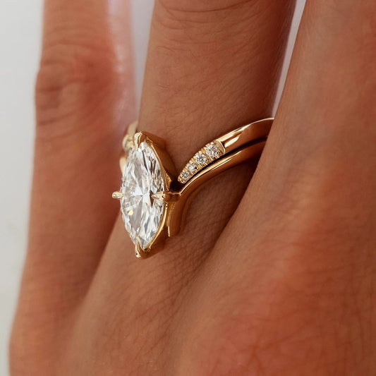 GRA Certified Marquise Cut Moissanite Ring Set | 925 Sterling Silver 18K Gold Plated | D Color VVS1 Wedding Band