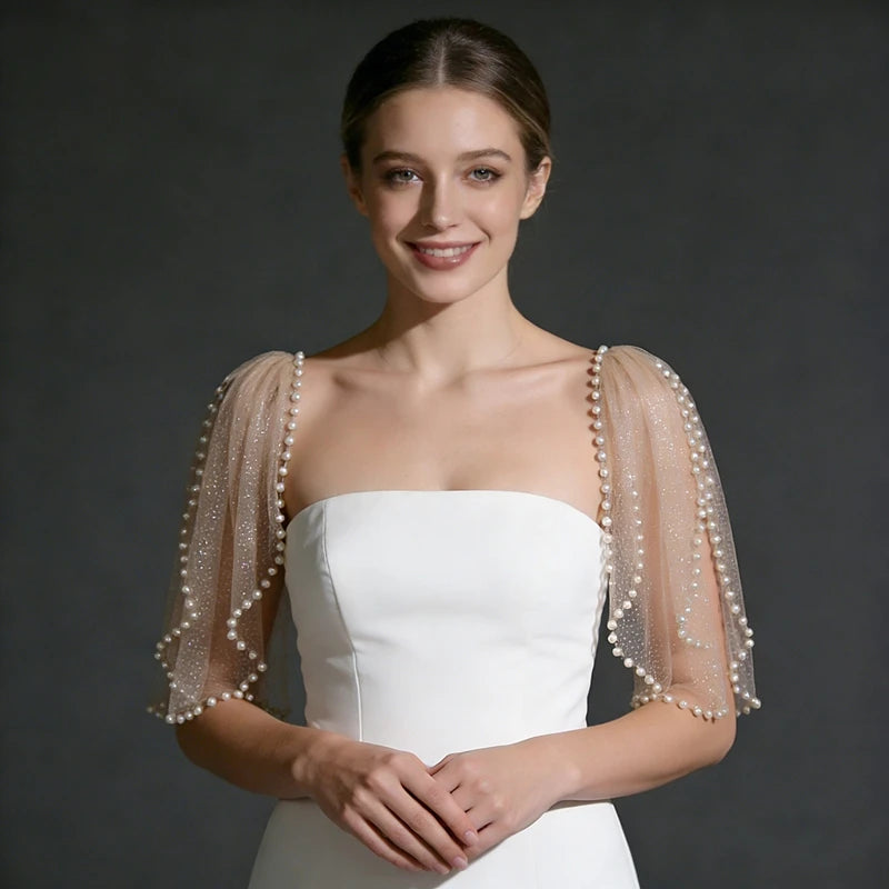 Pearl-Embellished Tulle Bridal Shoulder Cape & Oversleeves