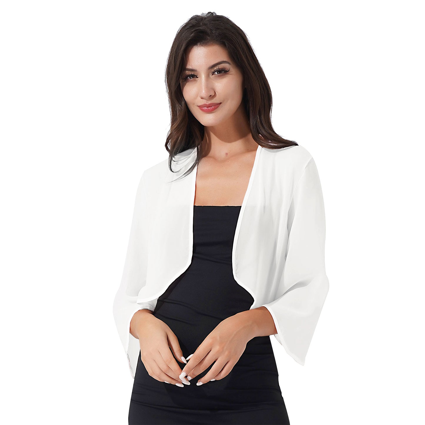 Women 3/4 Sleeve Chiffon Cardigan Bolero Shawls Outerwear Wedding Bridal Party Dress Wraps Beach Vacation Cover Ups Soft Cape