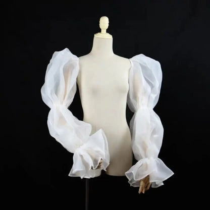 Elegant Puff Wedding Arm Sleeves Evening Dress Decor Ruffles Bride Detachable Sleeves Bowknot Sweet Sheer Cover Sleeves Banquet