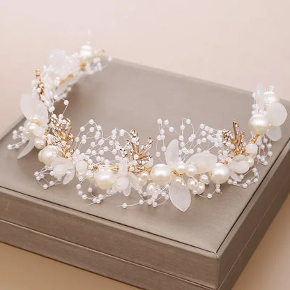 Pearl Flower Crown Headband – Boho Bridal Crystal Headpiece