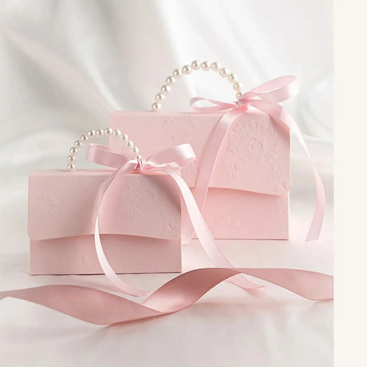 Pink Pearl Wedding Candy Gift Boxes | Set of 10 | Ribbon & Pearl Chain | Party Favor Packaging