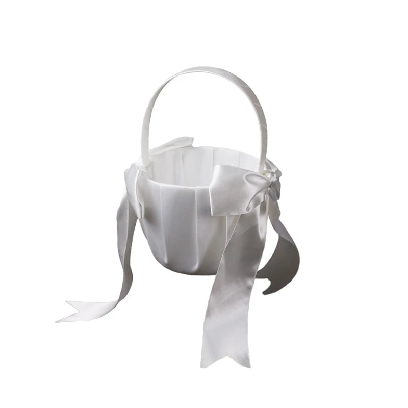 White Flower Girl Basket with Pearl Handle | Wedding Ceremony Accessories
