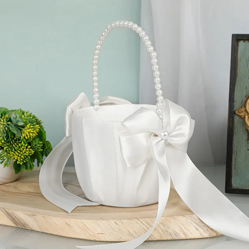 Wedding Ring Bearer Pillow & Flower Girl Basket Set | White Satin Pearl Handle | Bridal Wedding Accessories