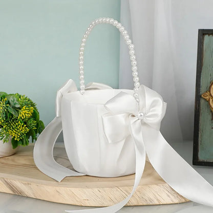 Wedding Ring Bearer Pillow & Flower Girl Basket Set | White Satin Pearl Handle | Bridal Wedding Accessories