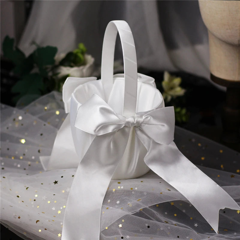 White Flower Girl Basket with Pearl Handle | Wedding Ceremony Accessories