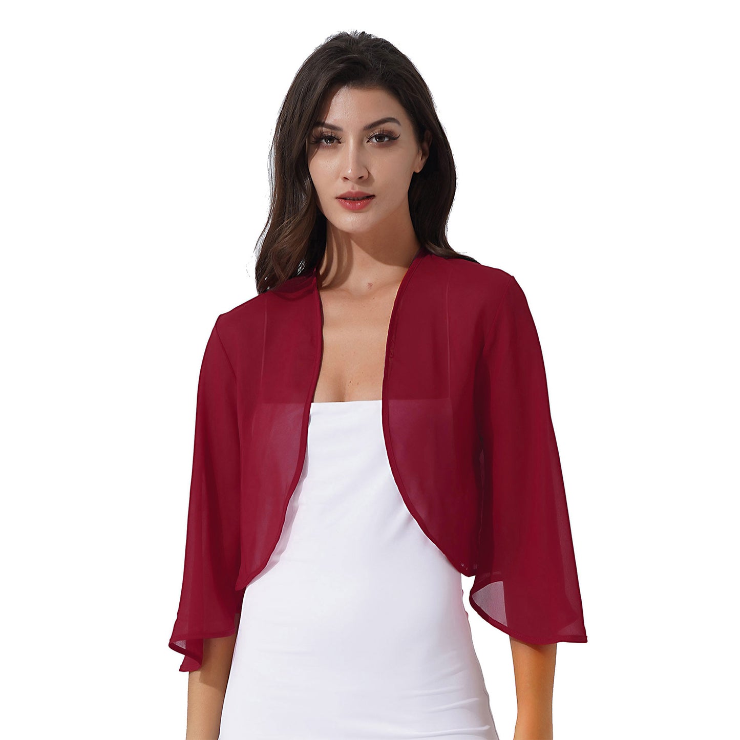 Women 3/4 Sleeve Chiffon Cardigan Bolero Shawls Outerwear Wedding Bridal Party Dress Wraps Beach Vacation Cover Ups Soft Cape
