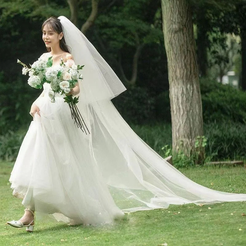 Two-Layer Cut Edge Bridal Veil With Extra Long Train