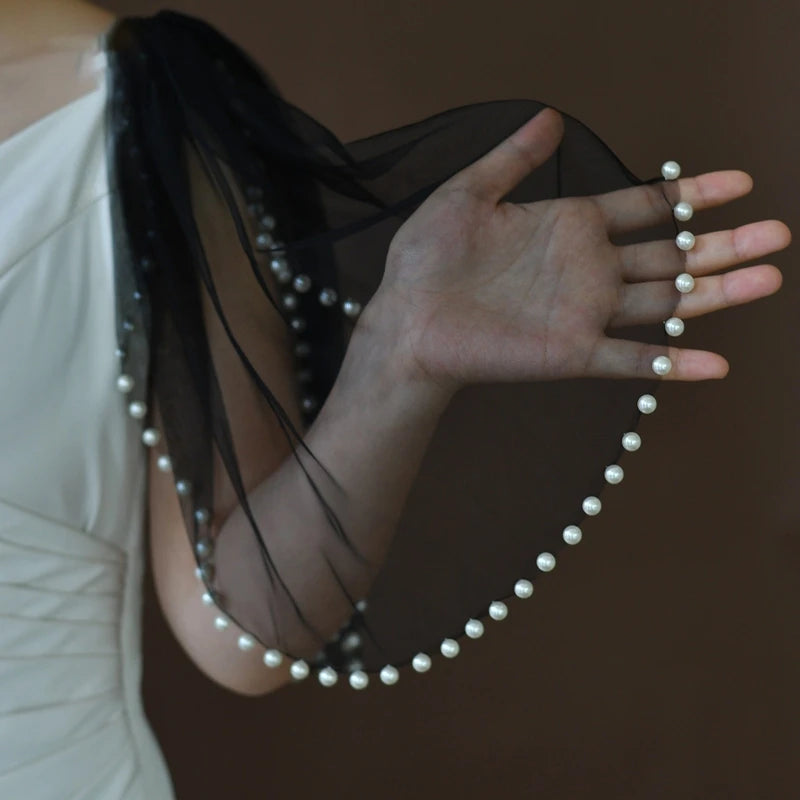 Pearl-Embellished Tulle Bridal Shoulder Cape & Oversleeves