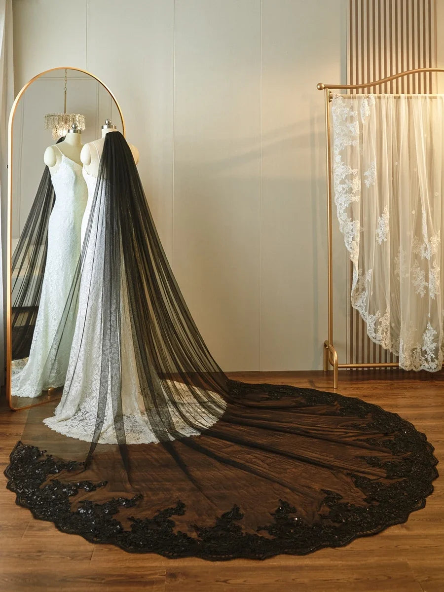 Black Cathedral Bridal Veil with Lace Appliqué Edge