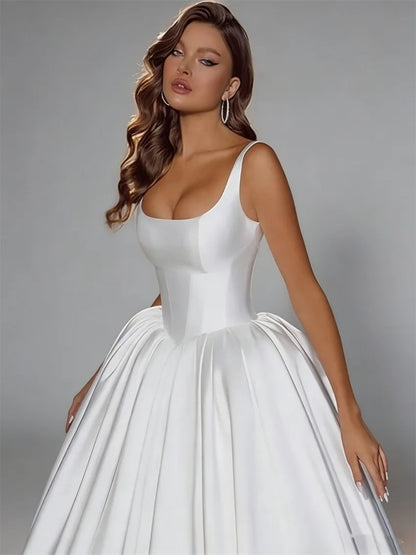 Elegant A-Line Satin Wedding Dress | Square Neckline | Lace Up Back | Floor Length Bridal Gown