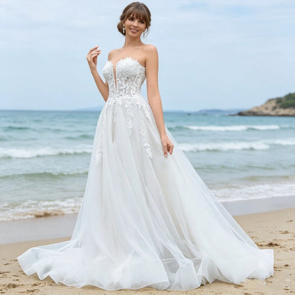Vintage Boho A-Line Wedding Dress with Lace Appliqués & V-Neck | Bloom Veil Co. ✨👰🤍