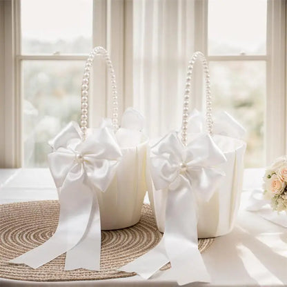 1-2pcs Pearl Handle Flower Basket Satin White Western Rustic Bowknot Wedding Basket Foldable Flower Basket For Floral Petals