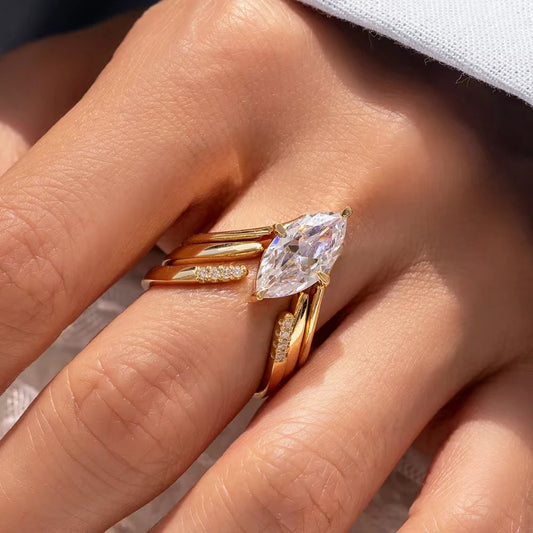 GRA Certified Marquise Cut Moissanite Ring Set | 925 Sterling Silver 18K Gold Plated | D Color VVS1 Wedding Band