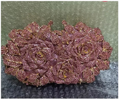 Golden Silver Luxury Crystals Evening Bags Fashion Rose Flower Diamonds Clutch Bags Soiree Purse Women Wedding Bride Handbags