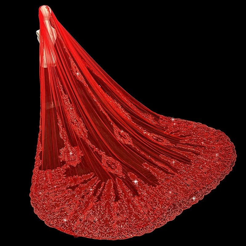 Saudi Arabia Red Wedding Veil 3.5m Long Bridal Veils 2026 Latest Tulle with Floral Applique