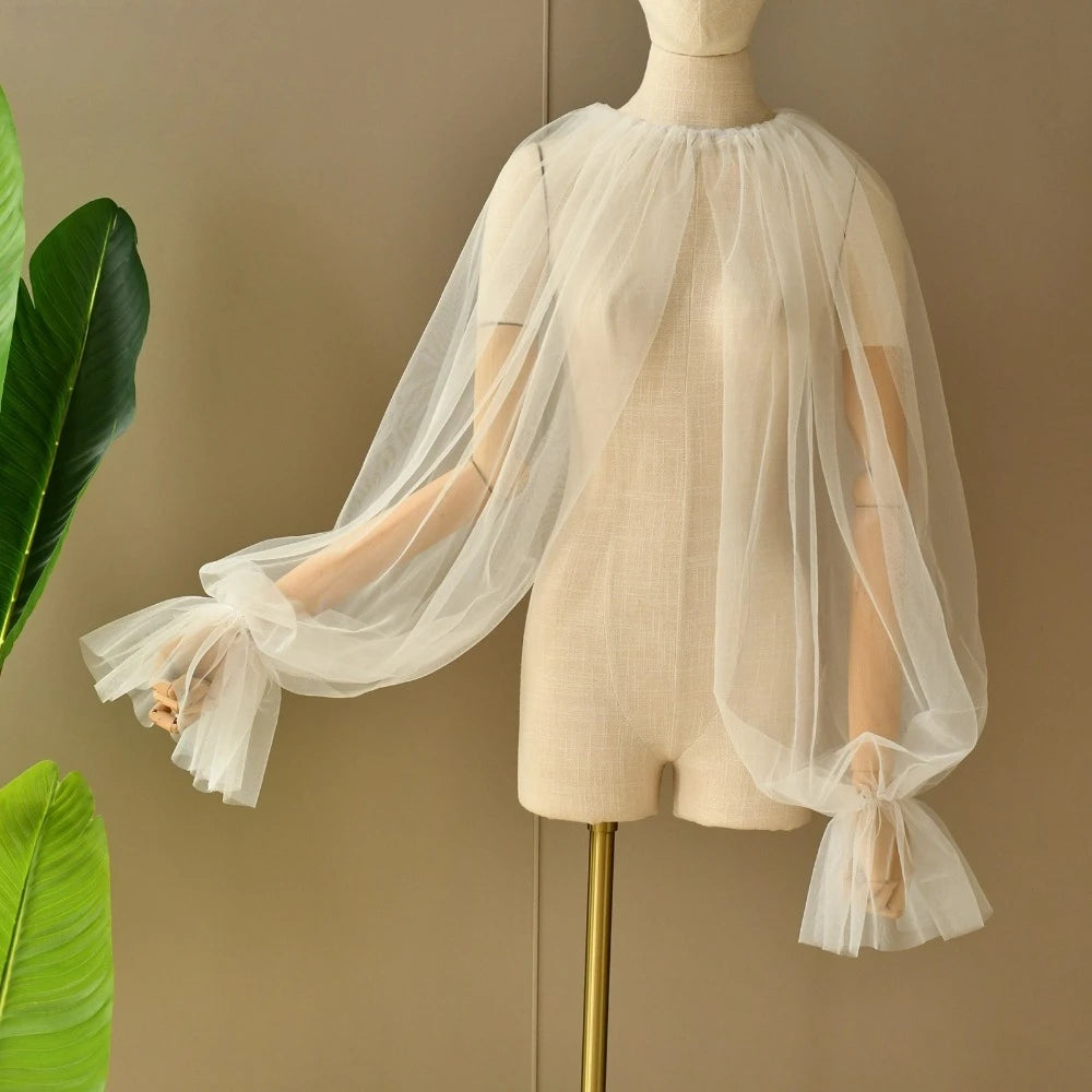 Attached-Sleeve Bridal Shawl with Flared Cuffs Wedding Bolero Sexy Wear Wedding Accessories Wedding Props Marriage Evening Party