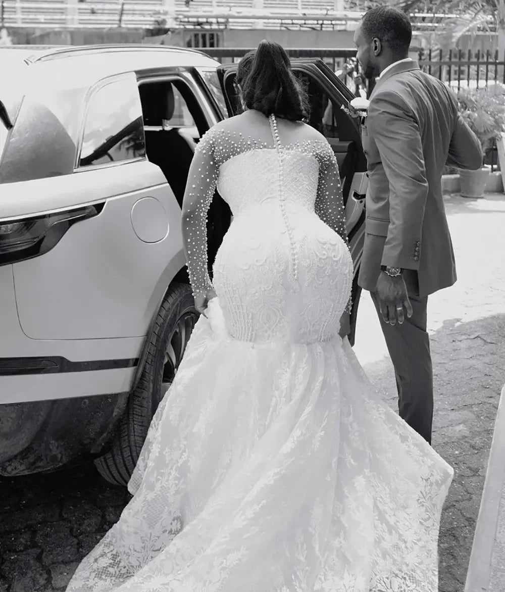 Customized 2026 Women's Mermaid Wedding Dress Bridal Dress Naked Neck Phantom Long Sleeve Beaded Lace Wedding Dress Back Button