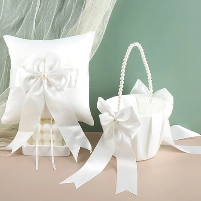 Wedding Ring Bearer Pillow & Flower Girl Basket Set | White Satin Pearl Handle | Bridal Wedding Accessories