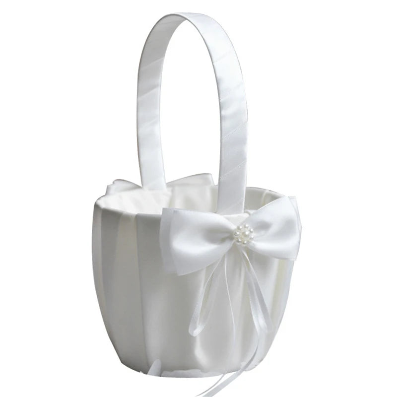 White Flower Girl Basket with Pearl Handle | Wedding Ceremony Accessories