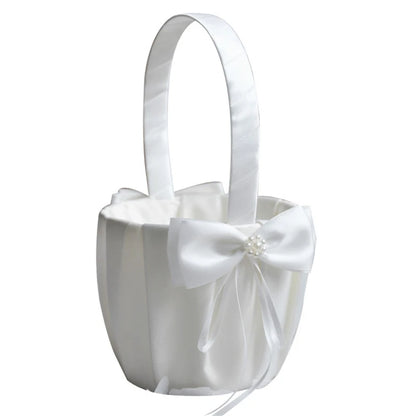 White Flower Girl Basket with Pearl Handle | Wedding Ceremony Accessories