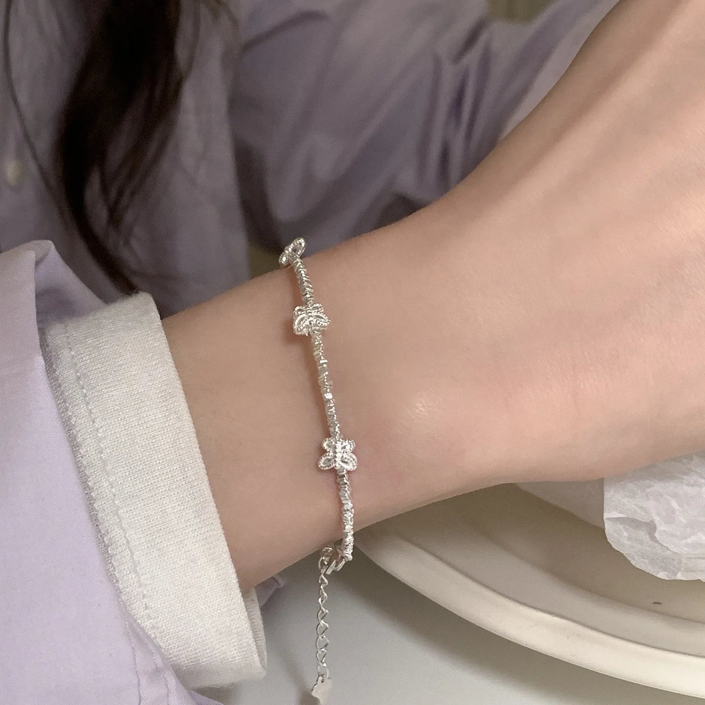 925 Sterling Silver Butterfly Bead String Bracelet