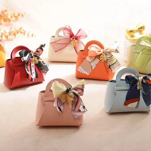 Luxury Leather Wedding Favor Bags | Mini Handbag Gift Bags with Ribbon | Wedding Guest Candy Bags | Set of 5