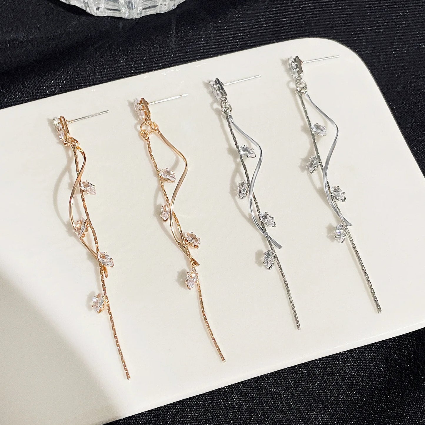 French Luxury Long Zircon Tassel Twisted Drop Earrings