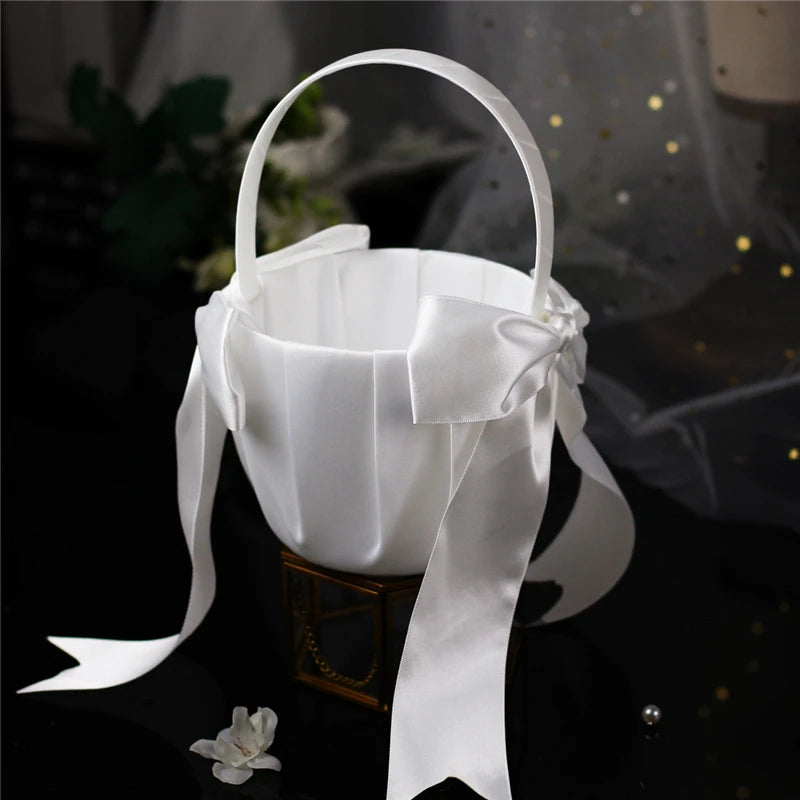 White Flower Girl Basket with Pearl Handle | Wedding Ceremony Accessories