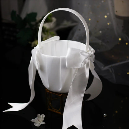 White Flower Girl Basket with Pearl Handle | Wedding Ceremony Accessories