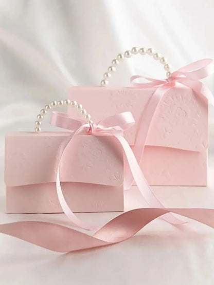 Pink Pearl Wedding Candy Gift Boxes | Set of 10 | Ribbon & Pearl Chain | Party Favor Packaging