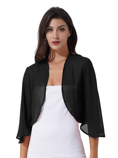 Women 3/4 Sleeve Chiffon Cardigan Bolero Shawls Outerwear Wedding Bridal Party Dress Wraps Beach Vacation Cover Ups Soft Cape