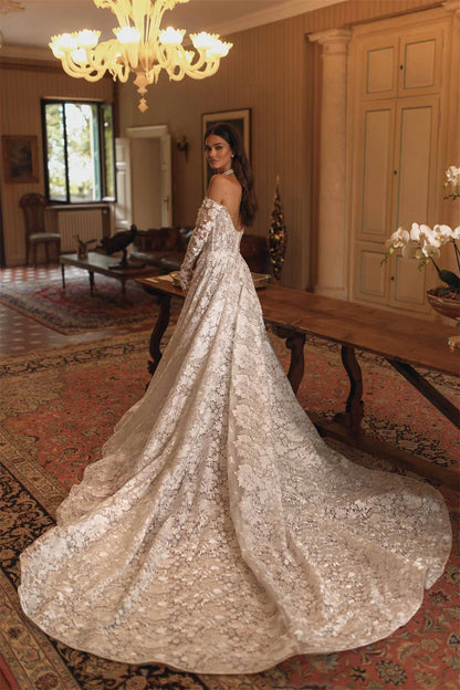 Royal Off-Shoulder Lace Ball Gown – Embroidered Wedding Dress with Train