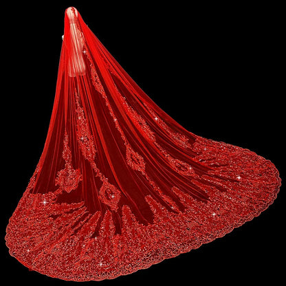 Saudi Arabia Red Wedding Veil 3.5m Long Bridal Veils 2026 Latest Tulle with Floral Applique